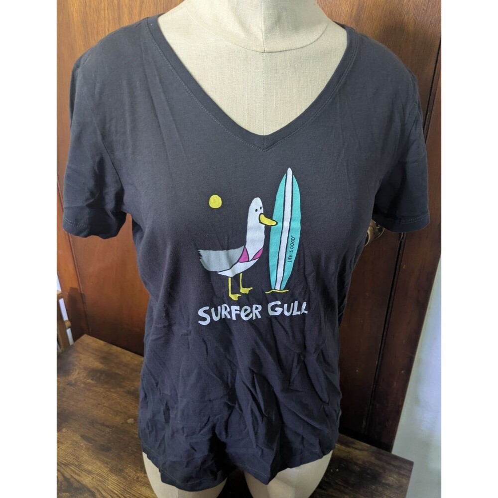 Life Is Good Womens Small Surfer Gull Black V Neck Graphic T Shirt Beach